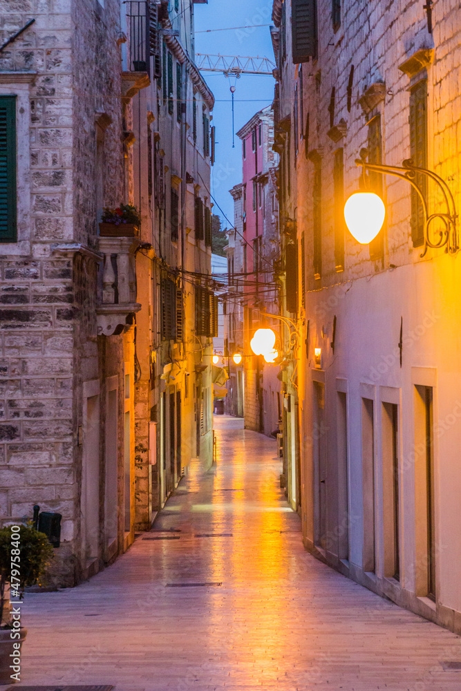 Evening view of an alley in Sibenik, Croatia