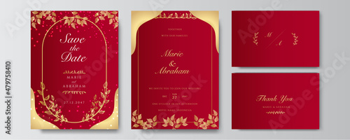 Premium elegant golden red wedding invitation design template