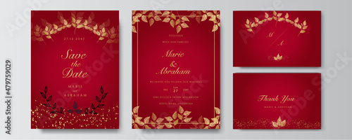 Modern elegant golden red wedding invitation design template