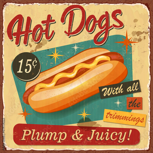 Vintage Hot Dogs metal sign.Retro poster 1950s style.