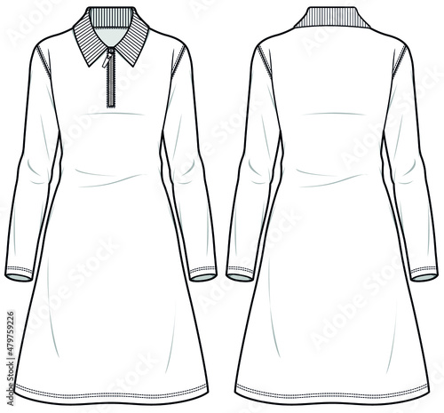 Polo Long Sleeve dress, collared pique dress Front and Back View. Fashion Illustration, Vector, CAD, Technical Drawing, Flat Drawing.