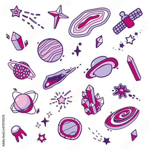 Set of space drawings. Space sketches. Vector isolated images of planets, stars, meteors, comets, asteroids and satellites. Universe doodle. Collection of galaxies.