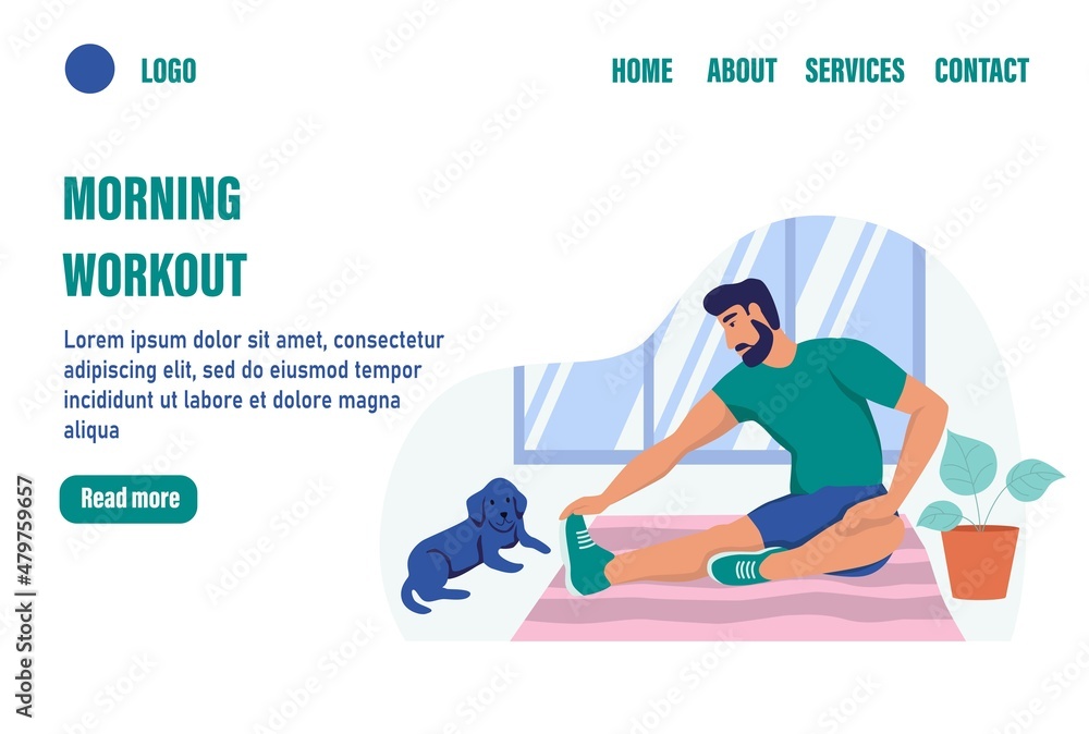 Morning worworkout landing page vector template. A man does sports at home. Flat vector illustration Morning worworkout landing page vector template. A man does sports at home. Flat vector illustration