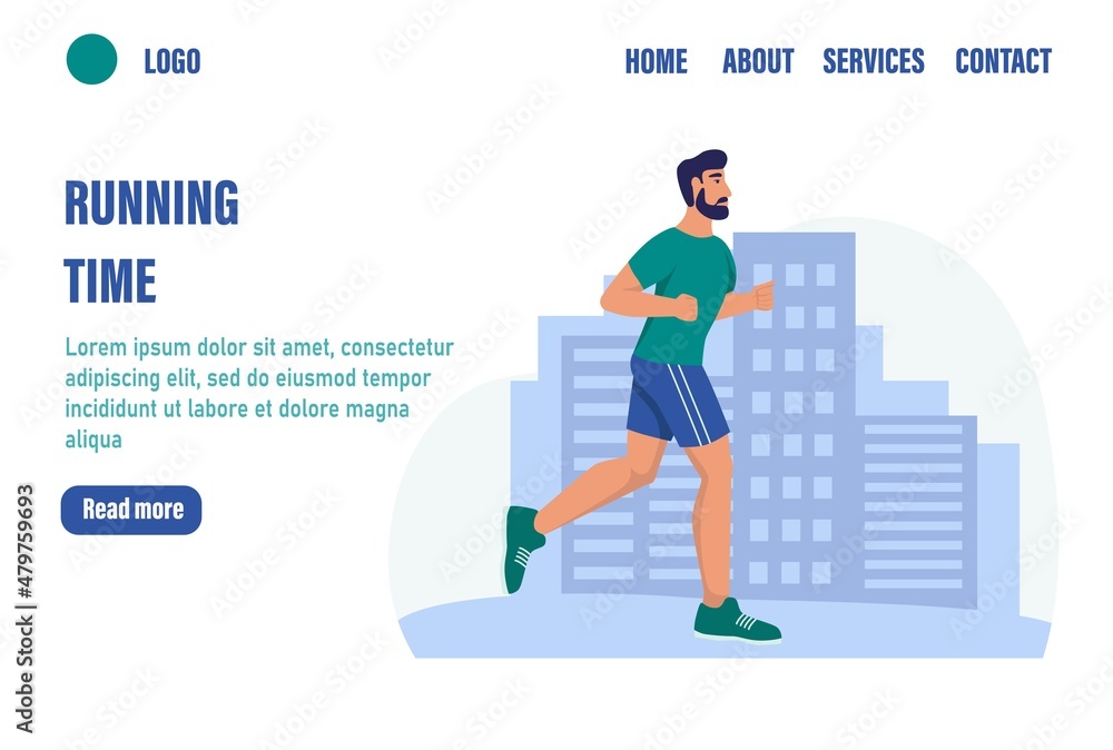 Running time landing page vector template. A man runs down the street. Flat vector illustration Running time landing page vector template. A man runs down the street. Flat vector illustration