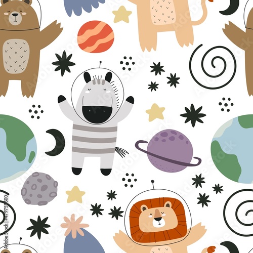 seamless pattern with cartoon animals in space, planet, moon, decor elements. Colorful vector for kids, flat style, hand drawing. baby design for fabric, print, nursery wallpaper, textile