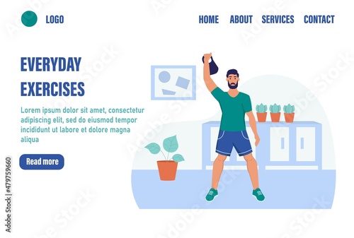 Everyday exercises landing page vector template. A man does sports at home. Flat vector illustration