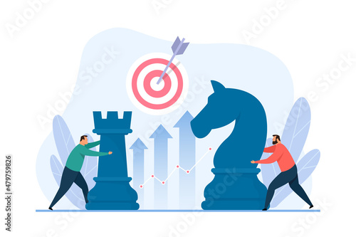 Business strategy concept. Two characters moving chess pieces. Vector illustration of business metaphor.