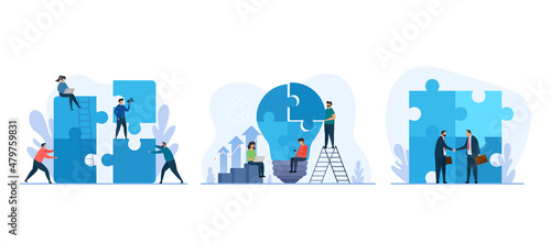 Teamwork concept. Vector illustration of business concept with giant puzzle. Set of symbol of partnership and collaboration.