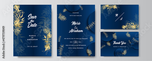 Modern elegant golden blue wedding invitation design template