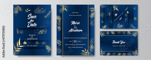 Premium elegant golden blue wedding invitation design template