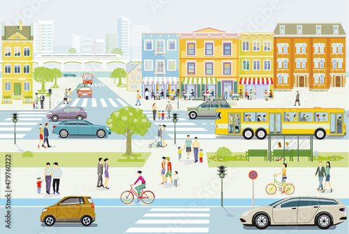 Straßenverkehr mit Fußgänger und Autos auf Straßen in der Stadt, Illustration