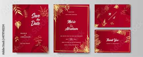 Modern elegant golden red wedding invitation design template