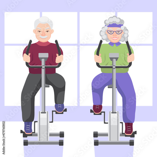 Smiling grandma and grandpa on exercise bikes. Couple of elderly people are exercising in the gym. The concept of longevity and a healthy lifestyle. Vector isolated flat illustration