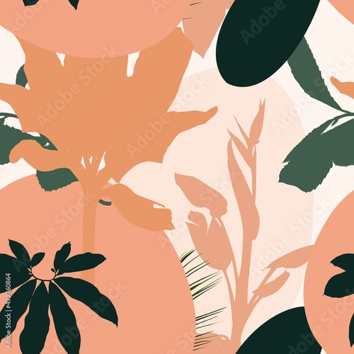 Trendy contemporary abstract floral seamless pattern. Fashionable template with palm leaves silhouette for your design.
