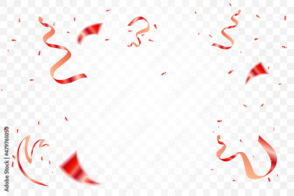 Many Falling Shiny Red Tiny Confetti And Streaming Ribbon Isolated On Transparent Background. Valentine's Day Banner. Vector Many Falling Shiny Red Tiny Confetti And Streaming Ribbon Isolated On Transparent Background. Valentine's Day Banner. Vector