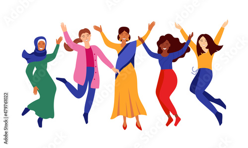 Multinational women jumping and waving arms. Happy International Women s Day. Multicultural girls with different skin color. Group of diversity women. Vector illustration isolated on white