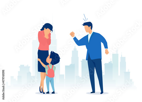 Vector of an angry father yelling at a mother with child. Family conflict and domestic violence concept