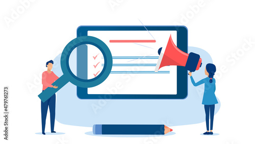 Vector of a business woman with megaphone and a man with magnifying glass conducting an online research