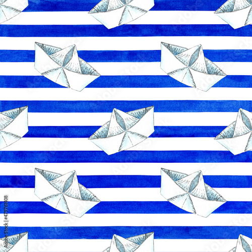 Watercolor illustration of origami paper boat pattern on blue striped background. seamless repeating paper boat print. Boat launching fun for children. Isolated over white background. Isolated 