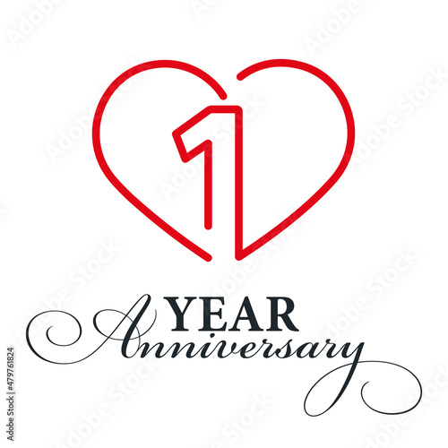 1 year anniversary celebration number one bounded by a loving heart red modern love line design logo icon white background