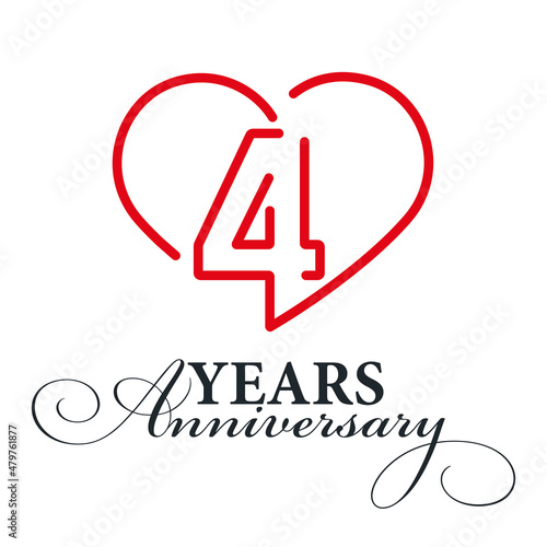 4 years anniversary celebration number four bounded by a loving heart red modern love line design logo icon white background