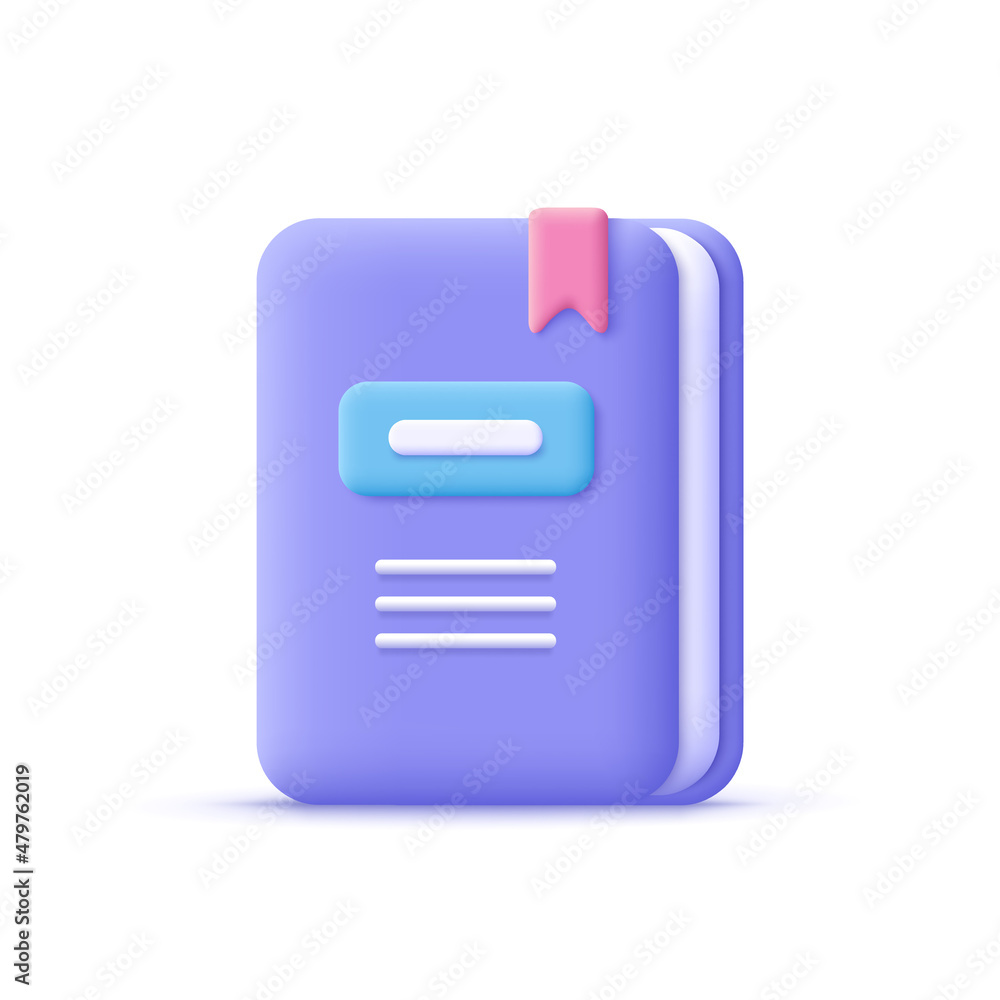 Book, Textbook with bookmark. 3d vector icon. Cartoon minimal style. Book, Textbook with bookmark. 3d vector icon. Cartoon minimal style.