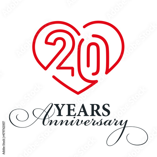 20 years anniversary celebration number twenty bounded by a loving heart red modern love line design logo icon white background