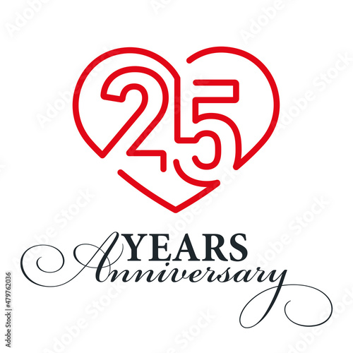 25 years anniversary celebration number twenty five bounded by a loving heart red modern love line design logo icon white background