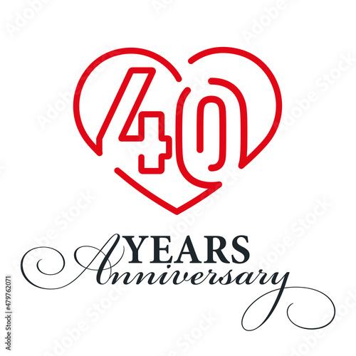 40 years anniversary celebration number forty bounded by a loving heart red modern love line design logo icon white background