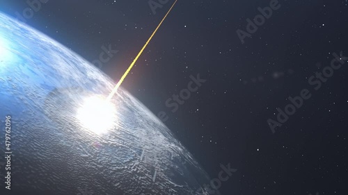 Asteroid meteor Comet Hitting earth ocean with massive expolosion
Shock wave in the sea with debris flying in atmosphere, Global threat concept
 photo