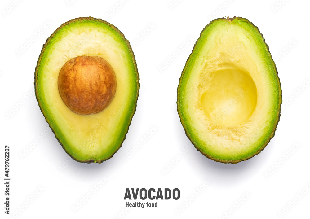 Whole and cut black Avocado Hass isolated on white background.