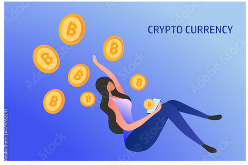 Cryptocurrency and blockchain concept, young woman buy and sell bitcoins on smartphone, financial and investment in digital asset,   vector illustration
