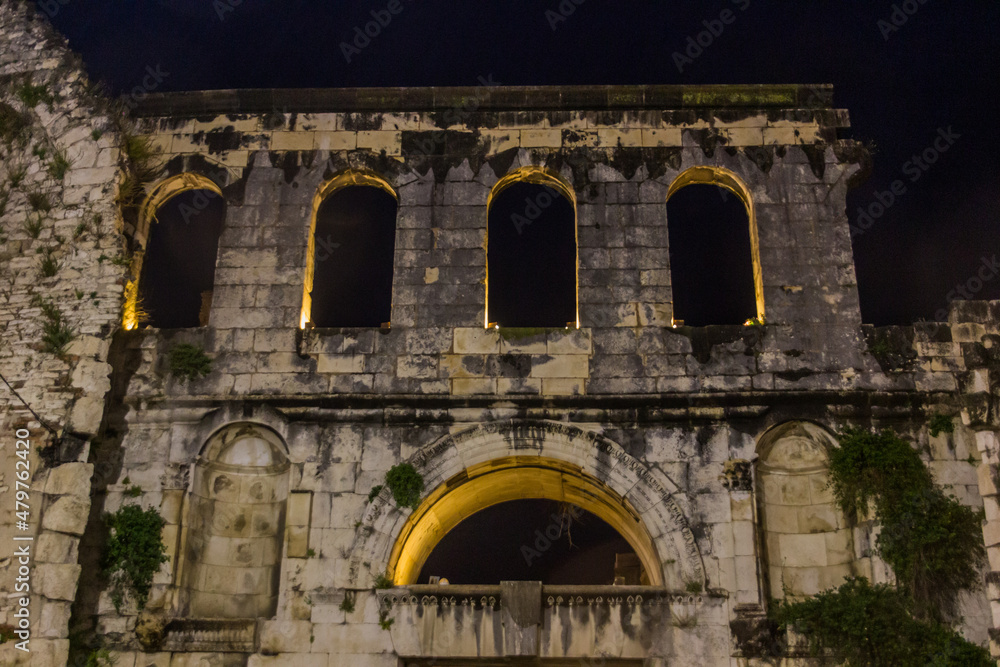 Night view of ancient ruins in Split, Croatia