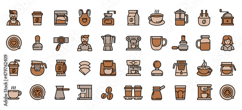 Barista icons set outline vector. Coffee manufacture. Business shop