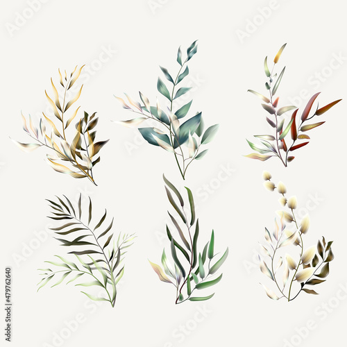 Set of floral elements. Floral and green leaves. The concept of the wedding is flowers. Flower poster  invite. Vector compositions for design greeting cards or invitations
