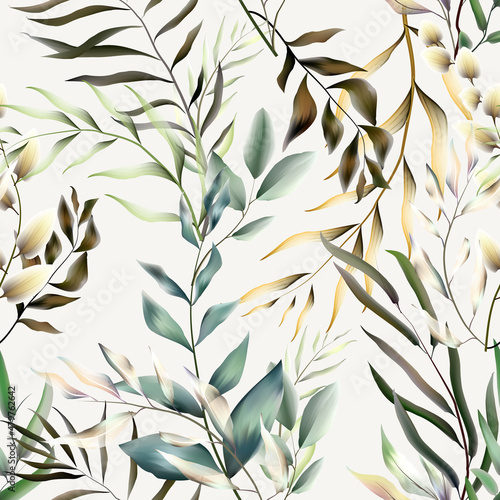 Vector seamless pattern with leaves. Botanical background design for cosmetics, spa, textile. Best as wrapping paper, wallpaper.