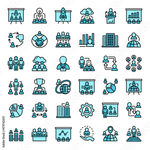 Corporate governance icons set outline vector. Chief office. Training meeting