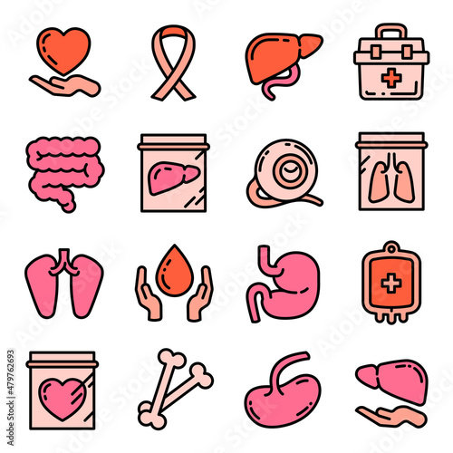 Donate organs icons set outline vector. Donor organ. Kidney donation