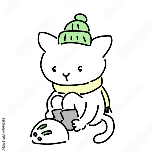 雪うさぎを作るネコ　寒中見舞い素材
