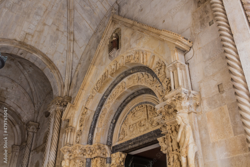 Cathedral of St. Lawrence gate in the old town of Trogir, Croatia