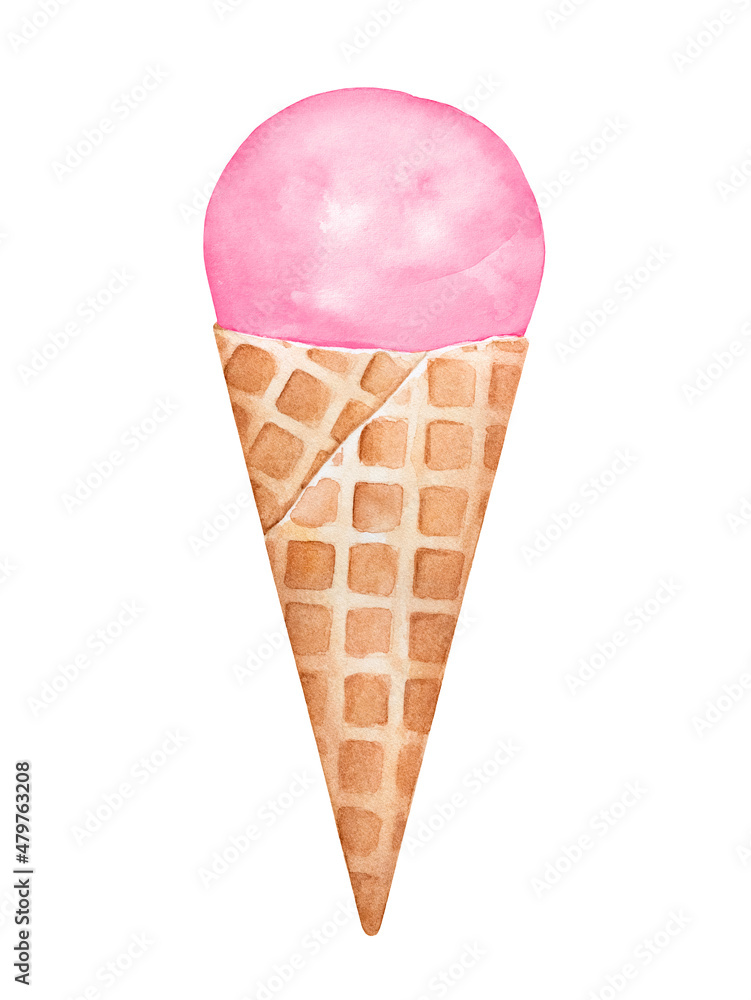 Pink colored ice cream in cute waffle cone. Symbol of joy, friends, summer, happiness, pleasure, good times. Hand painted watercolour sketchy drawing, cutout clipart element for design, sticker, menu. Pink colored ice cream in cute waffle cone. Symbol of joy, friends, summer, happiness, pleasure, good times. Hand painted watercolour sketchy drawing, cutout clipart element for design, sticker, menu.