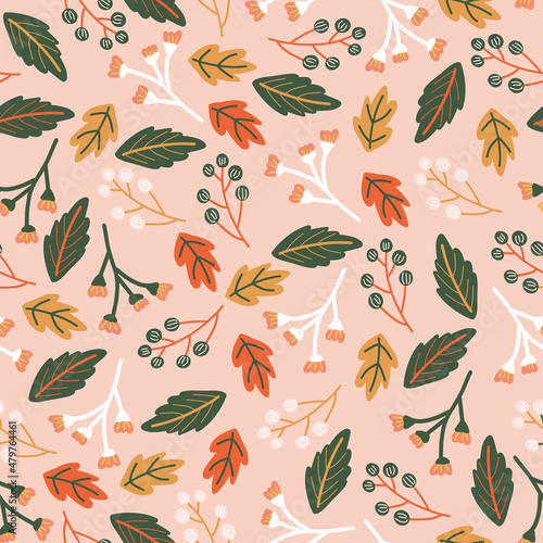 Autumn leaves berries seamless floral vector pattern. Repeating cute botanical background brown green white berry nature shapes on pink. For card, wrapping paper, gift bag, wallpaper, fabric, textile