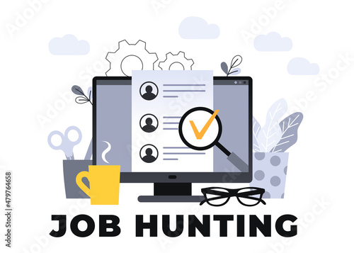 Human Resources, Recruitment Concept for web page, banner, presentation, social media, documents, cards, posters. Vector ultra violet illustration with monitor and a cup of coffee on desk.