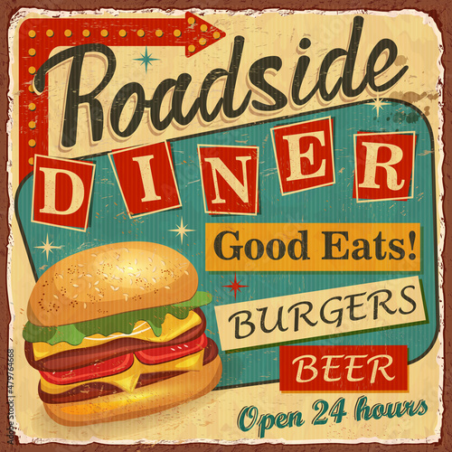 Vintage Roadside Diner metal sign.Retro poster 1950s style.