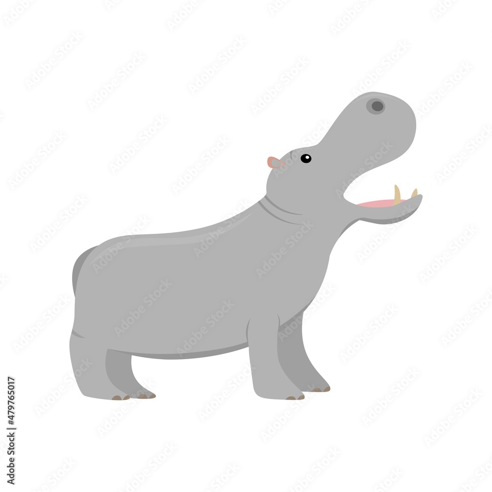 cartoon hippo with open mouth from profile, flat color vector ilustration isolated on white background for children