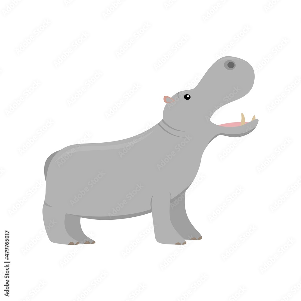 cartoon hippo with open mouth from profile, flat color vector ilustration isolated on white background for children cartoon hippo with open mouth from profile, flat color vector ilustration isolated on white background for children