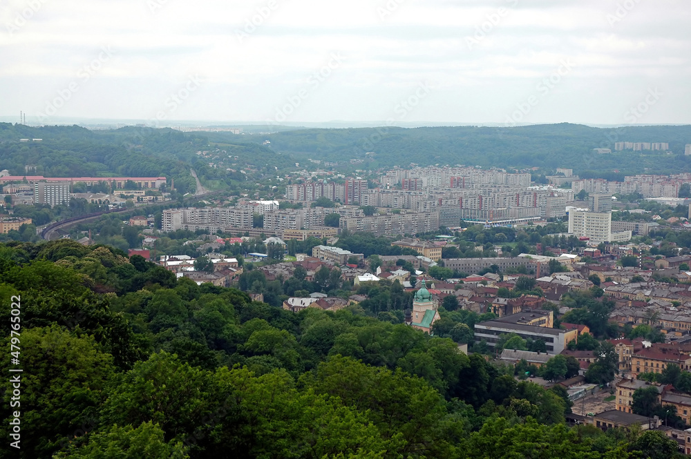 View of Lviv in Ukraine from the Union of Lublin Mound. This viewpoint provides a good vantage point overlooking the city of Lviv. Lviv is also known as Lvov. - obrazy, fototapety, plakaty 