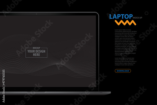 Laptop Computer Mockup and Web Page Template. Realistic notebook PC vector illustration with black background.