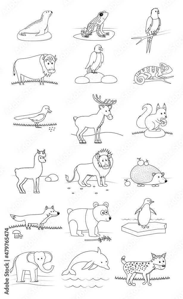 Set of animals . Black and white vector illustration for coloring book for the little ones.