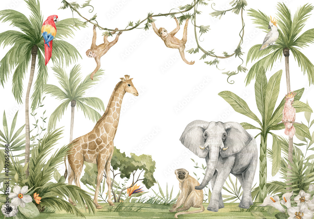 Watercolor composition with African animals and natural elements. Elephant, giraffe, monkeys, parrots, palm trees, flowers. Safari wild creatures. Jungle, tropical illustration for nursery wallpaper - obrazy, fototapety, plakaty 